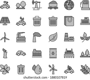 Thin line gray tint vector icon set - dust bin vector, bag with handles, apple stub, solar panel, working oil derrick, leaves, leaf, gas station, windmill, wind energy, manufacture, hydroelectric