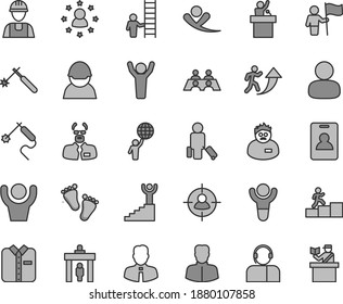 Thin line gray tint vector icon set - footprints vector, builder, employee, operator, folded shirt, racer, welding, gas, woman, man, in sight, conversation, scientist, winner, arrow up, hold world