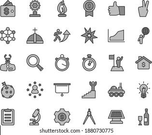 Thin line gray tint vector icon set - thumb up vector, microscope, zoom, bulb, flame, scientist, clipboard, drawing compass, growth graph, sun panel, lunar rover, presentation board, stopwatch, bang