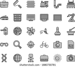 Thin line gray tint vector icon set - briefcase vector, chest of drawers, plates and spoons, new roller, siphon, door knob, camera, earth, screen, planet, industrial factory, weaving, robot welder