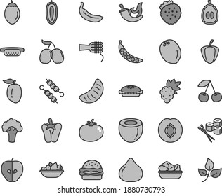 Thin line gray tint vector icon set - mini hot dog vector, burger, noodles, pie, lettuce in a plate, of fruit, meat on skewers, tomato, chili, peper, sushi set, strawberries, cherry, grape, plum