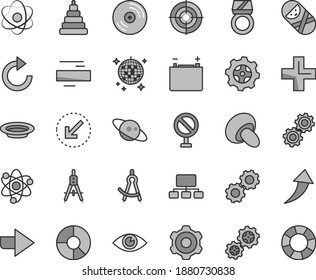 Thin line gray tint vector icon set - prohibition vector, right direction, plus, minus, clockwise, stacking toy, tumbler, cogwheel, left bottom arrow, eye, CD, porcini, plate, accumulator, gear, aim