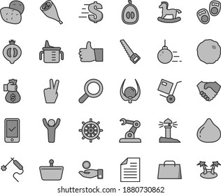 Thin line gray tint vector icon set - scribbled paper vector, magnifier, dollar, measuring cup for feeding, small rocking horse, shoes little children, big core, arm saw, thumb up, shipment, cabbage