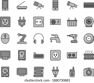 Thin line gray tint vector icon set - camera vector, cordless drill, power socket type b, f, heating coil, faucet mixer, headphones, smartphone, lens, battery, plug, electric, assembly robot, mouse