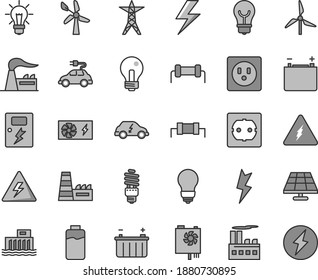 Thin line gray tint vector icon set - lightning vector, danger of electricity, incandescent lamp, bulb, power socket type f, dangers, charge level, solar panel, windmill, wind energy, factory, line