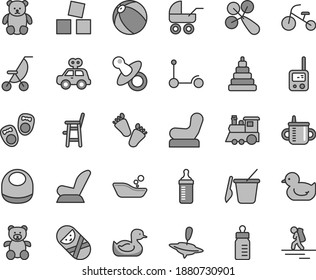 Thin line gray tint vector icon set - dummy vector, mug for feeding, bottle, measuring, baby bib, rattle, chair, car child seat, carriage, summer stroller, rubber duck, duckling, bath ball, tumbler