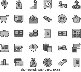 Thin line gray tint vector icon set - growth up vector, graph, calculation, strongbox, cards, coins, oil, shopping cart, chart, catch a coin, purse, dollars, cash, dollar, engineer calculator, bag