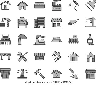 Thin line gray tint vector icon set - house vector, wicker pot, box of bricks, crane, tower, building trolley, trowel, concrete mixer, small tools, wooden paint brush, buildings, brick, putty knife