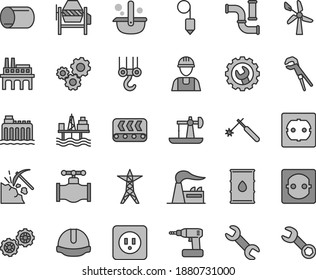 Thin line gray tint vector icon set - builder vector, winch hook, gears, concrete mixer, adjustable wrench, cordless drill, power socket type b, f, construction helmet, plummet, gear, oil derrick