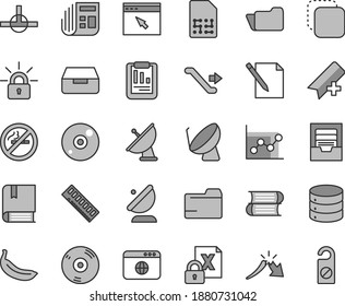 Thin line gray tint vector icon set - add bookmark vector, folder, graph, archive, e, books, big data, drawer, notes, copy, banana, satellite dish, antenna, SIM, a crisis, statistical report, memory
