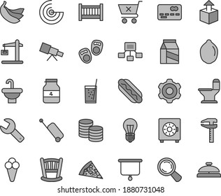 Thin line gray tint vector icon set - repair key vector, cradle, baby cot, shoes for little children, cogwheel, washbasin, comfortable toilet, strongbox, crossed cart, package, coins, unpacking