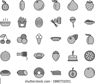 Thin line gray tint vector icon set - cake vector, sausage, mini hot dog, slices of onion, noodles, slice, glazed with a hole, apple pie, porridge, plate milk, Chupa Chups, French fries, sushi set