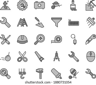 Thin line gray tint vector icon set - repair key vector, scissors, zoom, bag of a paramedic, winch hook, garden trolley, trowel, concrete mixer, small tools, hand saw, measuring tape, ladder, core