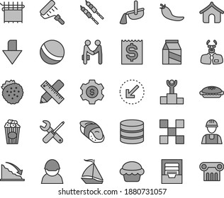 Thin line gray tint vector icon set - downward direction vector, archive, bath ball, builder, small tools, paint roller, writing accessories, tile, left bottom arrow, package, cake, pie, barbecue