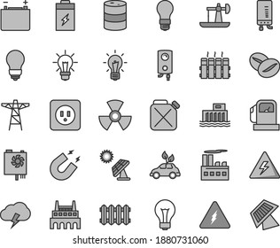 Thin line gray tint vector icon set - danger of electricity vector, matte light bulb, power socket type b, radiator, new, boiler, electronic, storm cloud, coffee beans, charging battery, oil derrick