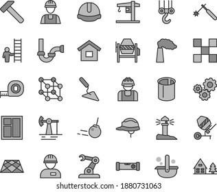 Thin Line Gray Tint Vector Icon Set - Crane Vector, Dwelling, Builder, Workman, Winch Hook, Building Trowel, Concrete Mixer, Window, Measuring Tape, Sewerage, Construction Level, Tile, Helmet, Core