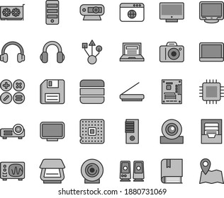 Thin line gray tint vector icon set - floppy disk vector, laptop, camera, archive, e, screen, math actions, lens, processor, notebook pc, tower, motherboard, cpu, gpu card, monitor, web, usb, map