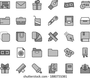 Thin line gray tint vector icon set - add bookmark vector, folder, archive, e, sample of colour, writing accessories, stationery knife, electronic boiler, envelope, drawer, bag with handles, gift