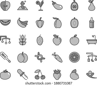 Thin line gray tint vector icon set - toys over the cradle vector, cot, measuring bottle for feeding, electronic thermometer e, bath, temperature, tomato, carrot, cocktail, pear, mint, cherry, apple