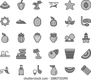 Thin line gray tint vector icon set - wicker pot vector, blueberries, strawberry, plum, slice of water melon, delicious, guava, half guawa, ripe pineapple, pepper, leaves, trees, sand castle, beach