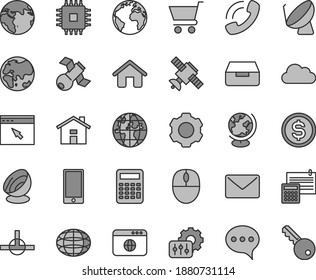 Thin line gray tint vector icon set - house vector, sign of the planet, calculation, speech, smartphone, drawer, cart, satellite dish, globe, dollar, phone call, mouse, cpu, browser, connect, mail