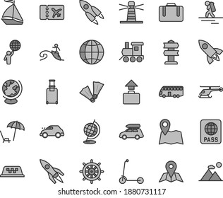 Thin line gray tint vector icon set - baby toy train vector, child Kick scooter, map, earth, passport, retro car, lighthouse, globe, rocket, man hold world, helicopter, baggage, bus, sail boat, taxi