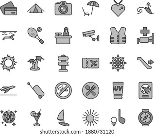 Thin line gray tint vector icon set - escalator vector, passport, plane ticket, rolling case, departure, credit card, tent, beach, arnchair under umbrella, sun, uv cream, palm tree, cocktail, cafe