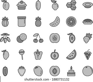 Thin line gray tint vector icon set - muffin vector, birthday cake, apple pie, a plate of milk, peper, Chupa Chups, jam, strawberry, orange slice, biscuit, honeycombs, cherry, half apricot, grape