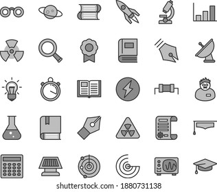 Thin line gray tint vector icon set - vector e, books, book, research article, flask, microscope, glasses, nuclear, zoom, bulb, oscilloscope, scientist, graduate hat, calculator, growth graph, radar