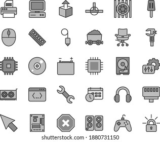 Thin line gray tint vector icon set - mark of injury vector, plummet, unpacking, popsicle, accumulator, caliper, trolley with coal, computer, radiator fan, mouse, motherboard, cpu, memory, gpu card