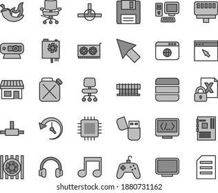 Graufarbige dünne Vektorsymbol-Set - Chilivektorsymbol, Kanister, Stall, Computer, Kühler-Lüfter, Verschlüsselung, PC-Stromversorgung, Hauptplatine, CPU, GPU-Karte, Monitor, Webkamera, USB-Blitz, Kopfhörer, Notiz