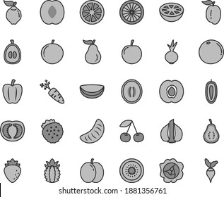Thin line gray tint vector icon set - beet vector, strawberries, cherry, apple, half apricot, squash, quince, raspberry, peach, melon, tangerine, slice of, loquat, ripe plum, tasty, sweet date fruit