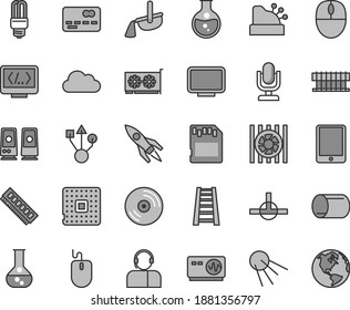 Thin line gray tint vector icon set - desktop microphone vector, stepladder, CD, operator, artificial satellite, round flask, mercury light bulb, processor, pipe, steel production, cashbox, mouse