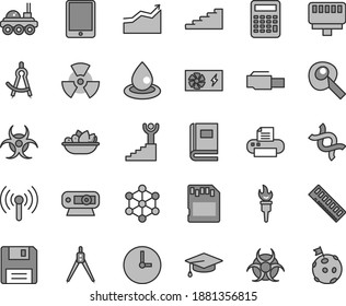 Thin line gray tint vector icon set - wall clock vector, a plate of fruit, drop oil, tablet pc, power supply, memory, web camera, printer, floppy, lan connector, wireless, sd card, nuclear, dna