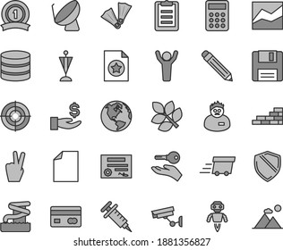 Thin line gray tint vector icon set - graphite pencil vector, clean sheet of paper, line chart, brick wall, satellite dish, reverse side a bank card, get wage, urgent cargo, calculator, floppy, aim