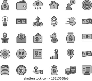 Juego de iconos de vectores de tintes grises de línea delgada - vectores de dólares, monedas, columna de, denominación del, artículo en, atrapar una moneda, cartera, dinero, dólares, efectivo, mano de bolso, lluvia, hipoteca, peatón, equipo, idea, ojos