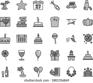 Thin line gray tint vector icon set - daily calendar vector, colored air balloons, balloon, cake, birthday, Easter, torte, Chupa Chups, lollipop, glass, pumpkin, wall, gift, giftbox, sand castle