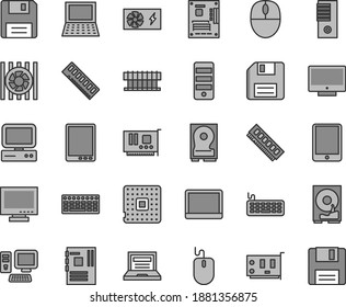 Juego de iconos de vectores de tonos grises de línea delgada - vector de disquete, portátil, monitor, pantalla, procesador, computadora, tablet pc, portátil, ventilador del radiador, ratón, teclado, fuente de alimentación, torre, motherboard, memoria