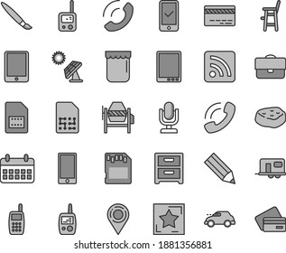 Thin line gray tint vector icon set - tassel vector, desktop microphone, bank card, rss feed, toy phone, mobile, a chair for feeding child, concrete mixer, smartphone, nightstand, call, jam, SIM, sd