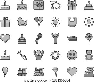 Thin line gray tint vector icon set - heart symbol vector, toys over the cradle, bib, baby duckling, teddy bear, toy train, children's, colored air balloons, balloon, cake, birthday, gift, slice