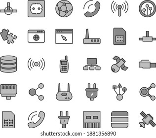 Thin line gray tint vector icon set - Puzzle vector, power socket type f, phone call, plug, electric, SIM card, connection, connections, scheme, mobile, usb, router, network, browser, connect