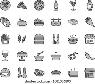 Thin line gray tint vector icon set - plates and spoons vector, plastic fork, iron, coffee, fried vegetables on sticks, pizza, piece of, big burger, cake, pie, a bowl rice porridge, in saucepan, pan