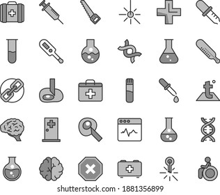 Juego de íconos vectores de tintes grises de línea delgada - marca del vector de lesiones, espectáculos, kit de primeros auxilios, más, termómetro electrónico e, mercurio, bolsa paramédica, médica, sierra de brazo, temperatura, cardiograma, exterior