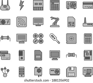 Thin line gray tint vector icon set - floppy disk vector, monitor, window, bank card, rss feed, electronic thermometer e, lightning, screen, cards, math actions, processor, assembly robot, SIM, usb