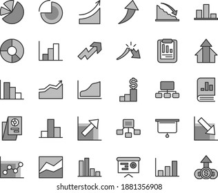 Juego de iconos de vectores de tonos grises de línea delgada - crecimiento de vector, gráfico circular, barra, línea, gráfico, negativo, histograma, positivo, recesión, crisis, informe estadístico, esquema, jerárquico, diagrama de anillo, flecha