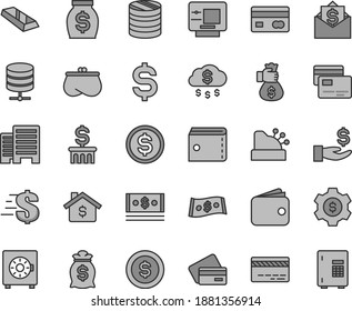Thin line gray tint vector icon set - bank card vector, purse, dollar, buildings, big data server, strongbox, cards, reverse side of a, column coins, denomination the, get wage, wallet, money, cash