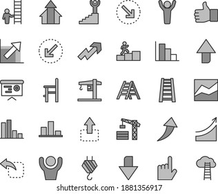 Thin line gray tint vector icon set - upward direction vector, downward, growth up, line chart, positive histogram, a chair for feeding, crane, tower, hook, stepladder, ladder, left bottom arrow