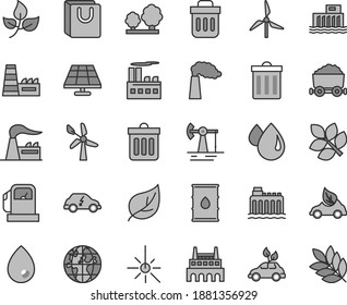 Thin line gray tint vector icon set - bin vector, dust, drop, bag with handles, solar panel, working oil derrick, leaves, leaf, gas station, windmill, wind energy, manufacture, factory, trees, trash