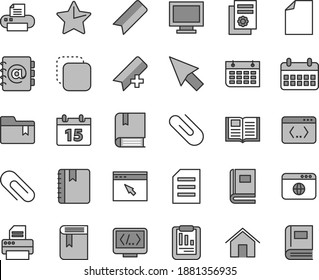 Thin line gray tint vector icon set - monitor window vector, clip, add bookmark, clean sheet of paper, folder, book, e, home, calendar, star, notebook, address, copy, statistical report, wall, file