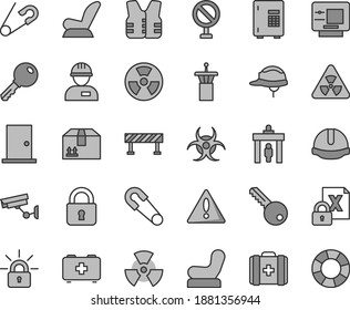 Thin line gray tint vector icon set - warning vector, prohibition, Baby chair, car child seat, safety pin, open, bag of a paramedic, medical, workman, key, ntrance door, construction helmet, lock